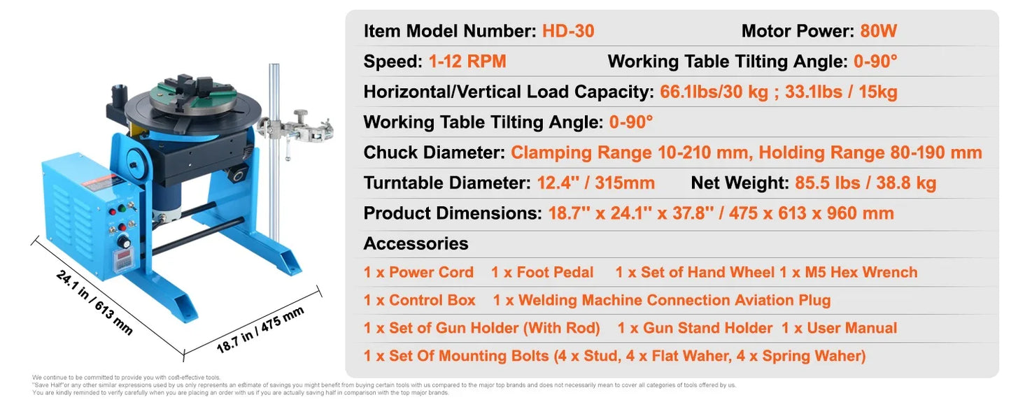HD-30 Rotary Welding Positioner 30 kg 0-90 Degree Turntable