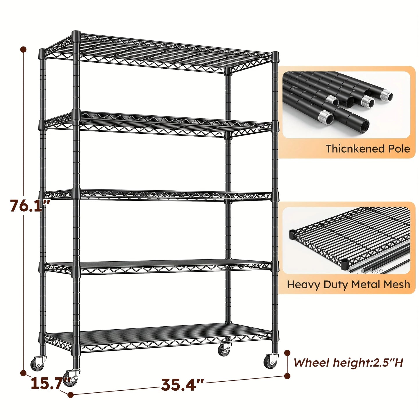 Noned Five Tier Heavy Duty Metal Wire Shelving With SwivelCasters