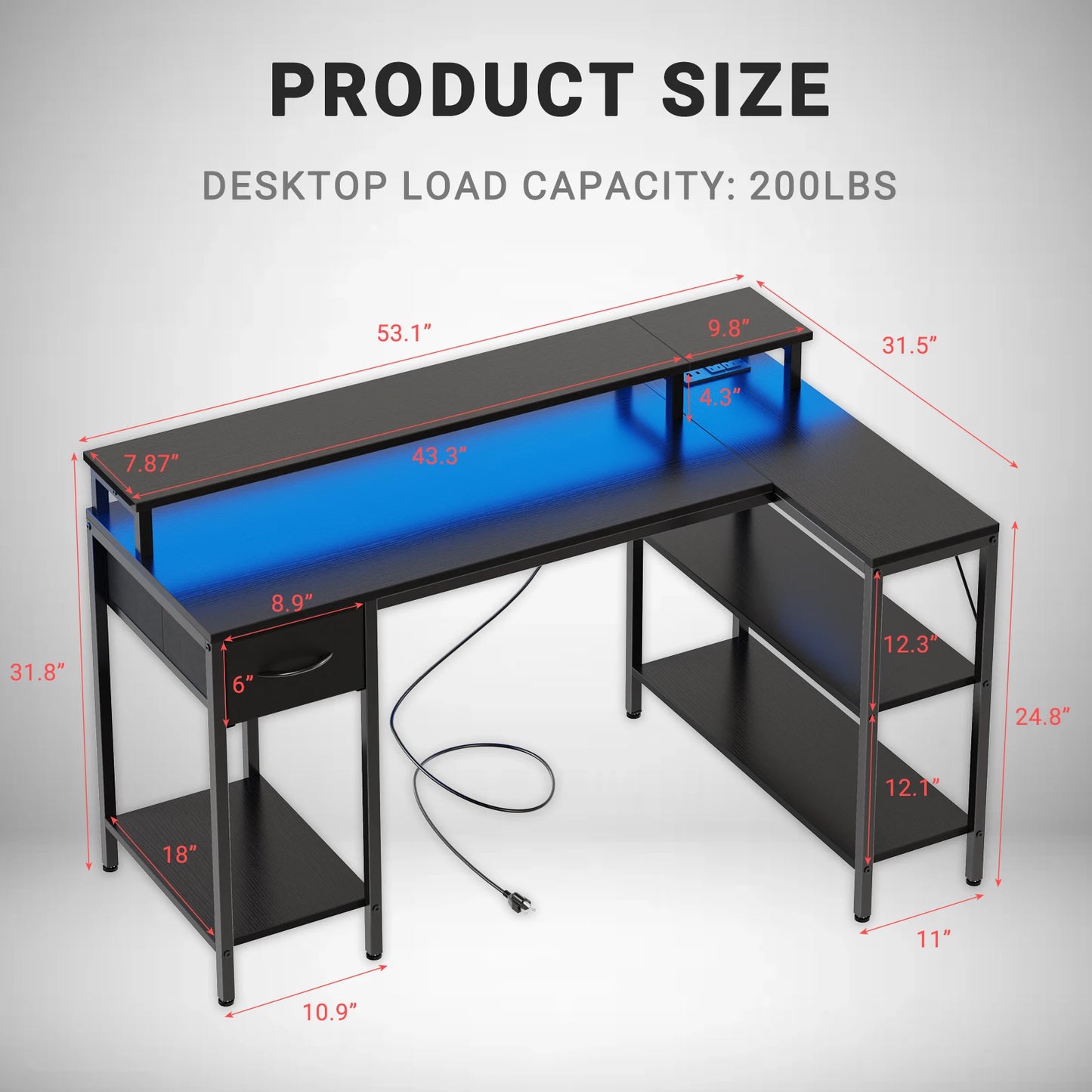JHK L Shaped Gaming Desk With USB And LED Lighting