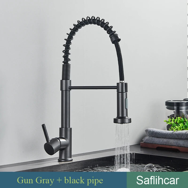 SAFLIHCAR Brushed Finish Pull Down Deck Mounted Kitchen Faucet Hot Cold
