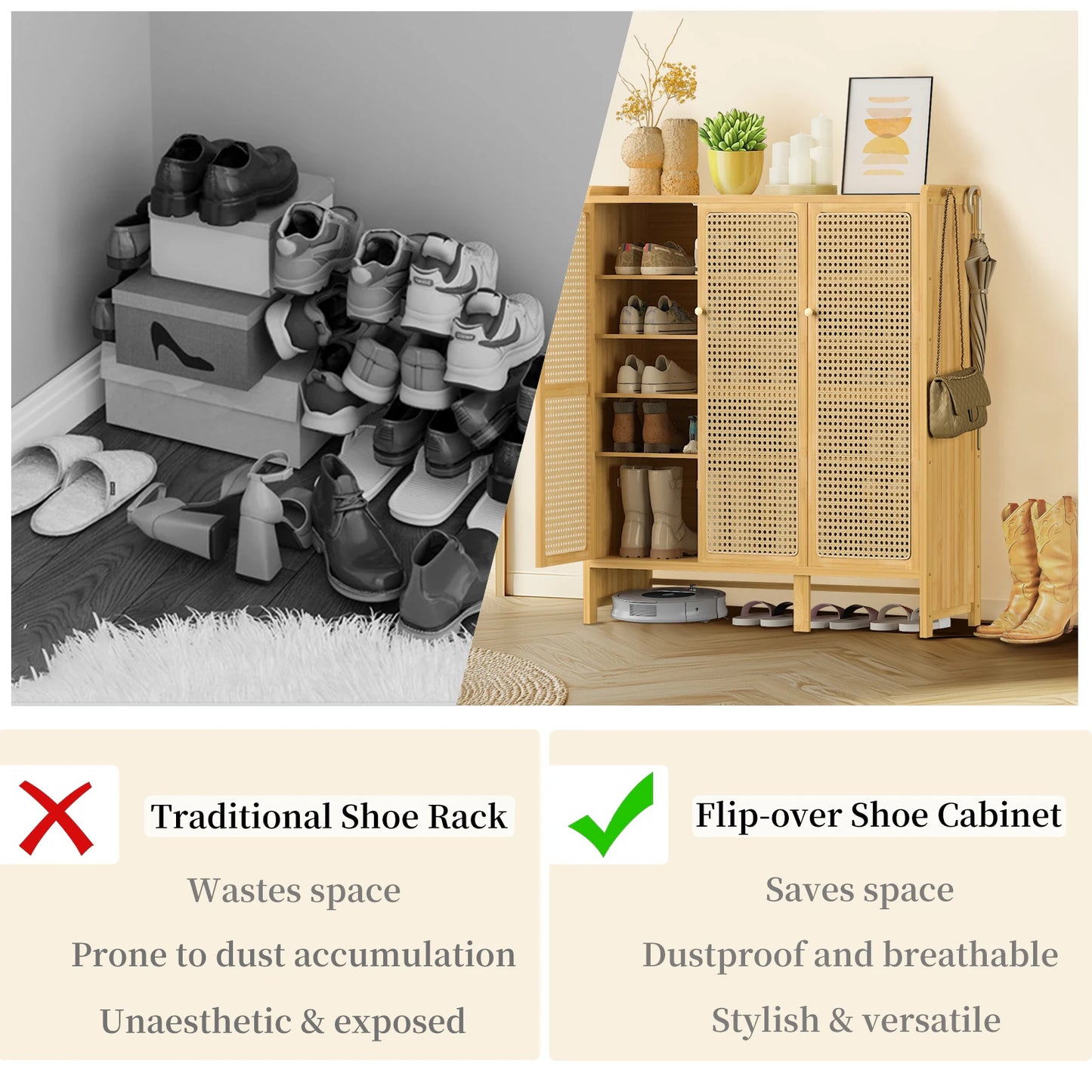 Wisfor Bamboo Shoes Rack Organizer Cabinet With Doors And Shelves
