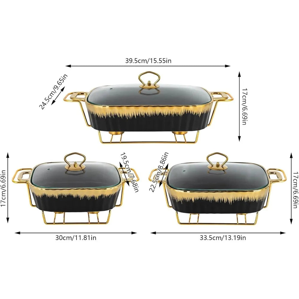 Ceramic Chafing Dishes Buffet Set 3 Piece With Gold Trim