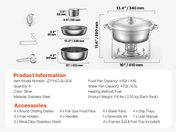 SucceBuy 4 Pack Stainless Steel Chafing Dish Buffet Set With Pans