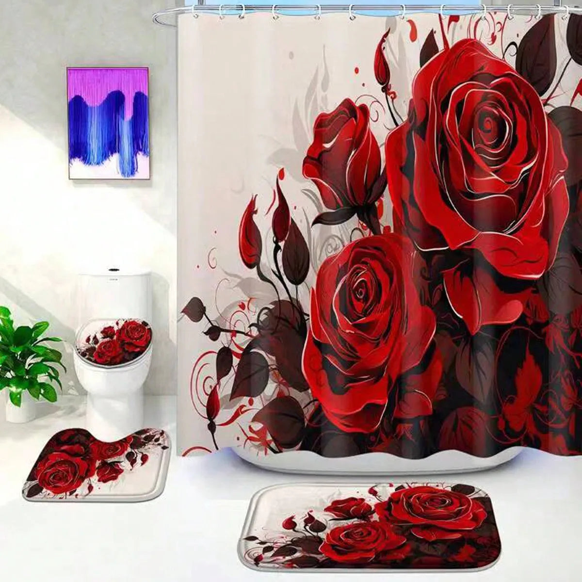 Rose Pattern Shower Curtain Set 3 Piece With Hooks Mat