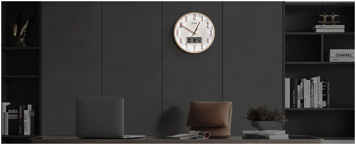 TIMESS Luminous Voice-activated Wall Clock, 14-inch Night Light Analog, Silent Battery Powered, Perpetual Calendar, Decorative