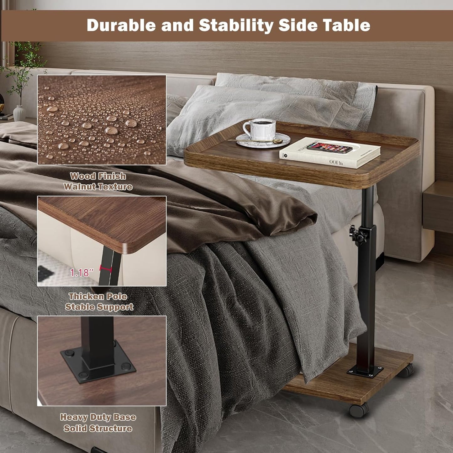 Adjustable Overbed Table Laptop Desk Rolling Cart 360° Rotatable