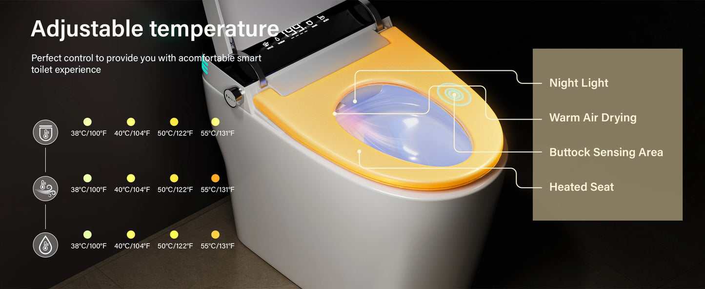Smart Toilet with Built-in Bidet, AUTO Open/Close, Warm Water Sprayer, AUTO Dual Flush, Heated Bidet Toilet Seat for Bathrooms