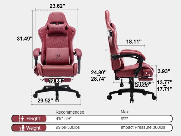 GTPLAYER Ergonomic Gaming Chair With Leather And Built In Speakers Footrest