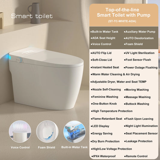Smart Toilet with Built-in Bidet, AUTO Open/Close, Warm Water Sprayer, AUTO Dual Flush, Heated Bidet Toilet Seat for Bathrooms