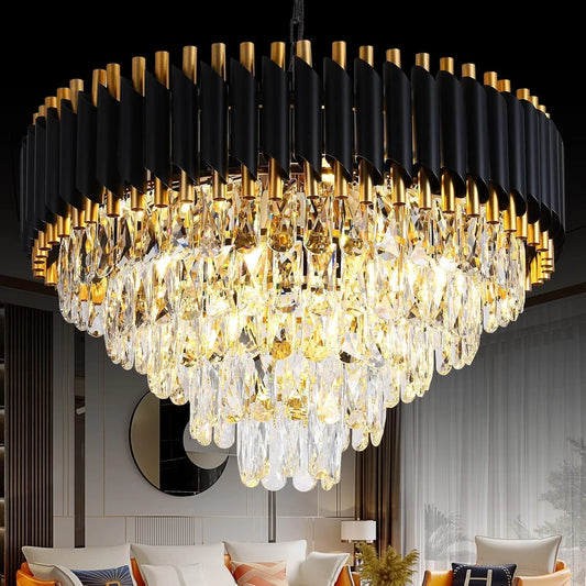 Modern Black And Gold K9 Crystal Chandelier Dimmable 5 Tier Round