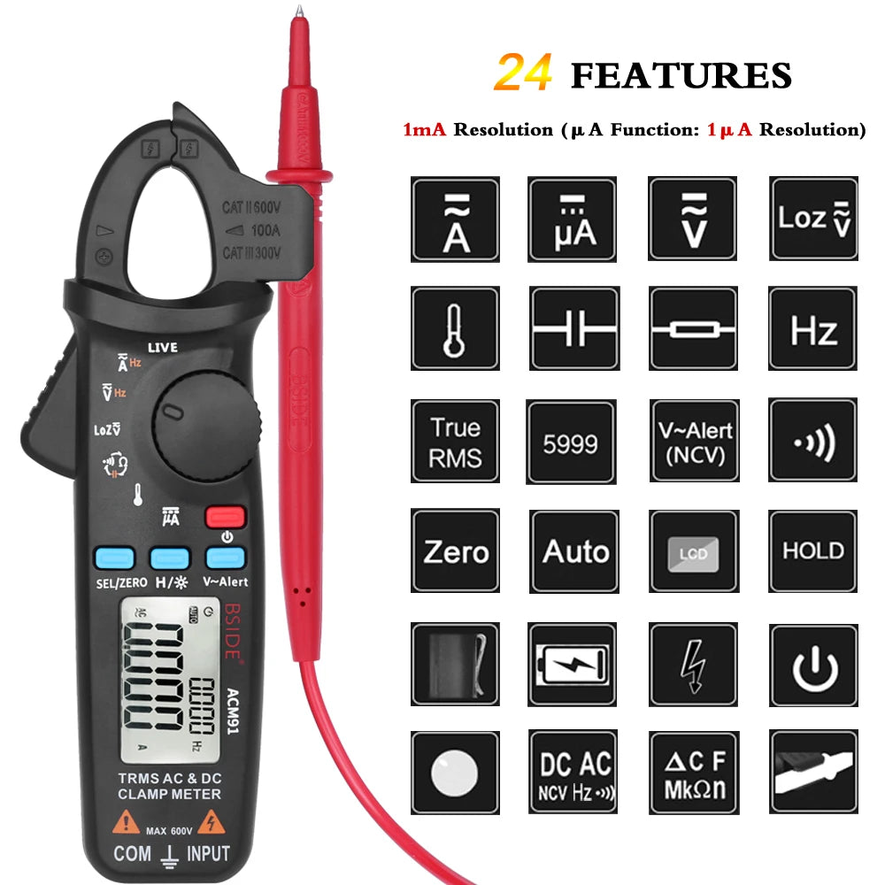BSIDE ACM91 Digital Clamp Meter 100A Precision Ammeter DC AC