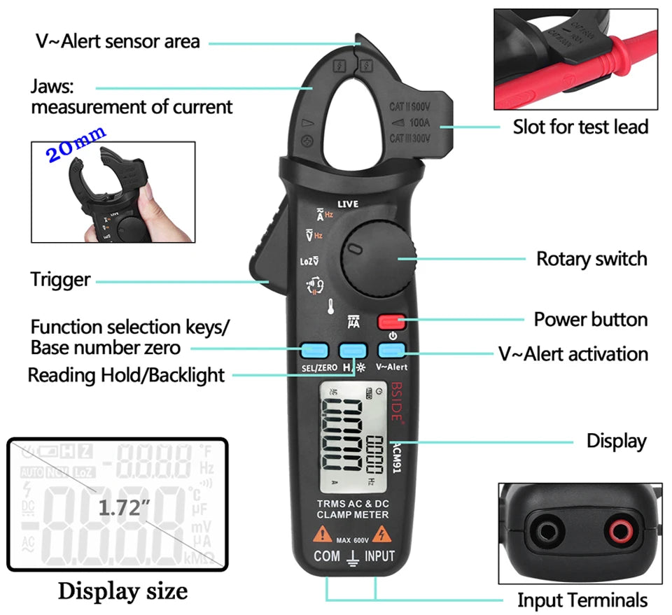 BSIDE ACM91 Digital Clamp Meter 100A Precision Ammeter DC AC