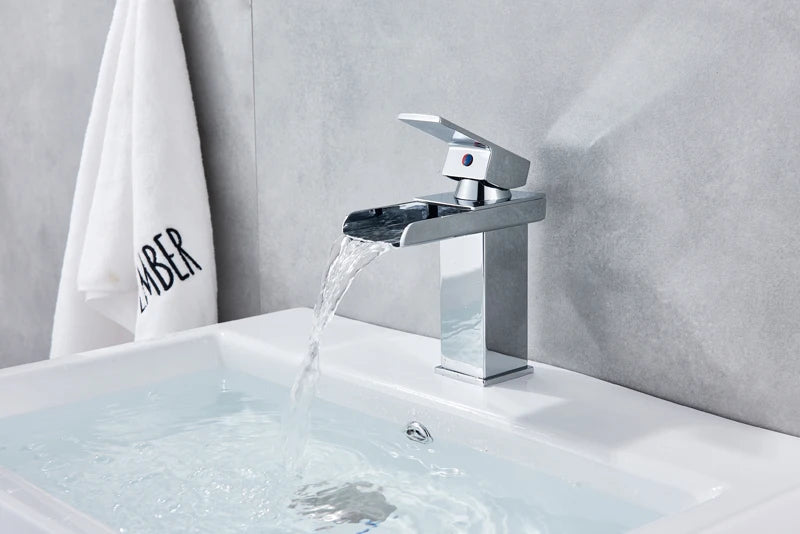 MYQualife Waterfall Bathroom Faucet Deck Mounted Single Hole Mixer Tap