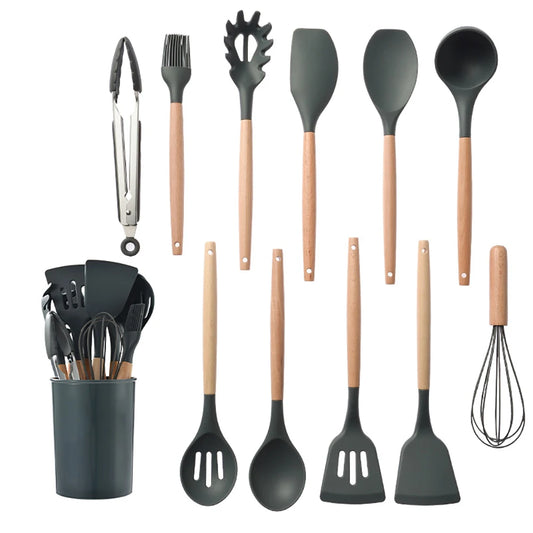 Silicone Kitchen Utensils Set With Wooden Handle Nonstick Cookware