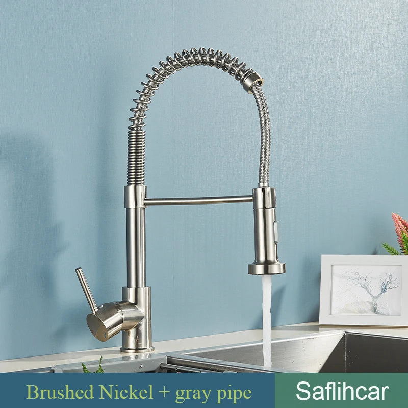 SAFLIHCAR Brushed Finish Pull Down Deck Mounted Kitchen Faucet Hot Cold
