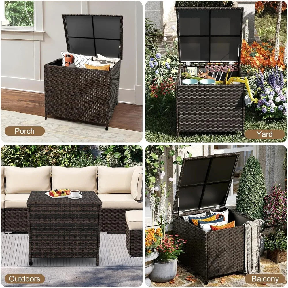 Outdoor Patio Deck Box Storage Wicker Rattan With Lid Weatherproof