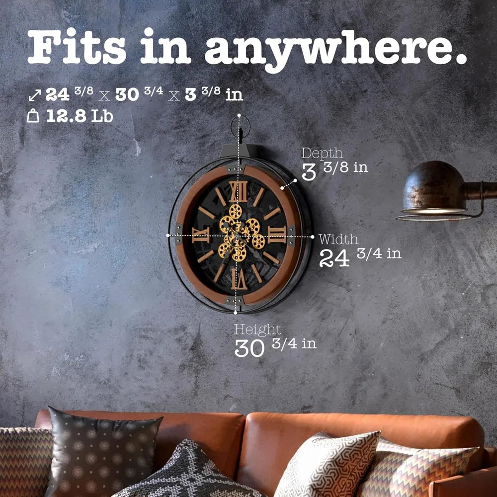 Rustic Farmhouse Gear Clock With Moving Gears And Iron Frame