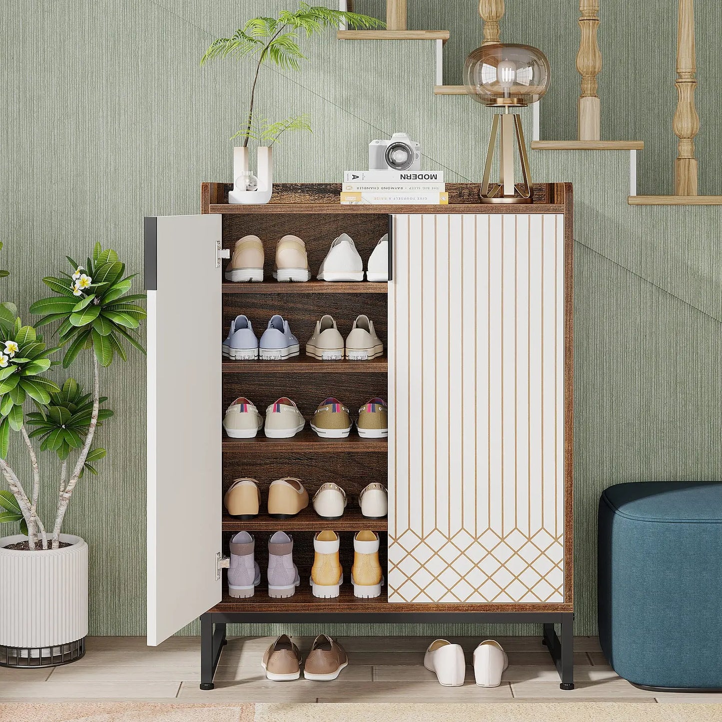 Tribesigns 5-Tier Shoe Cabinet With Doors Wood Storage Organizer