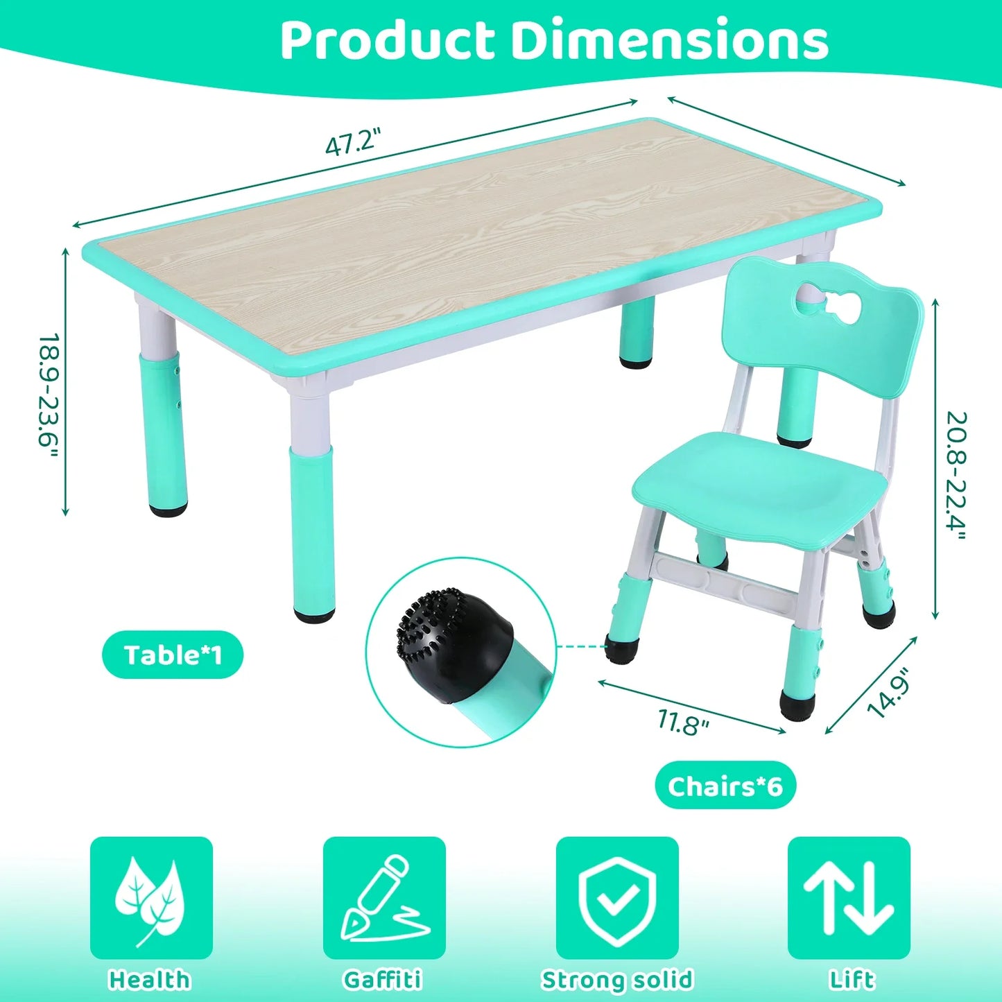 AuAg Kids Table 6 Chairs Set Height Adjustable Arts Desk
