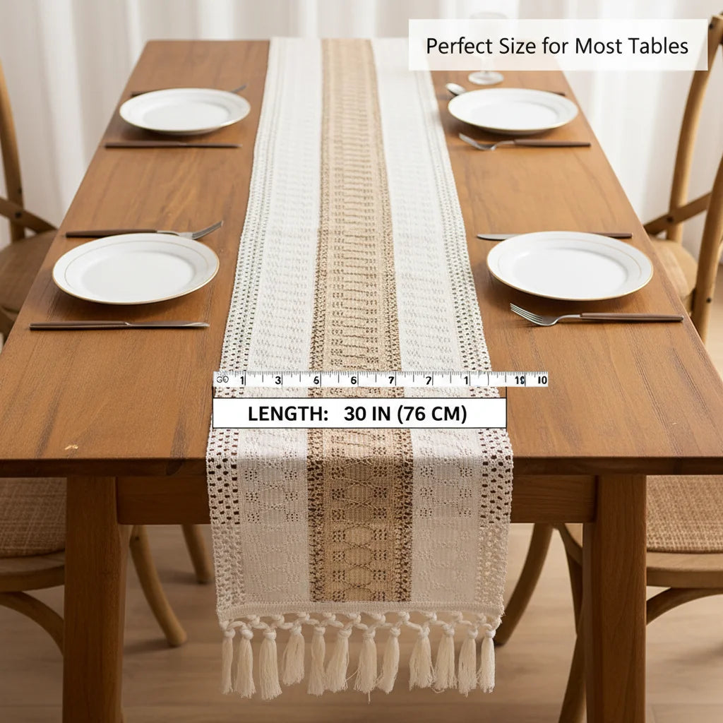 NONECN Fringed Table Runner Cotton Linen Dining Decor