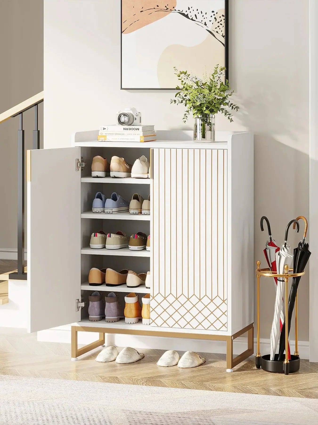 Tribesigns 5-Tier Shoe Cabinet With Doors Wood Storage Organizer