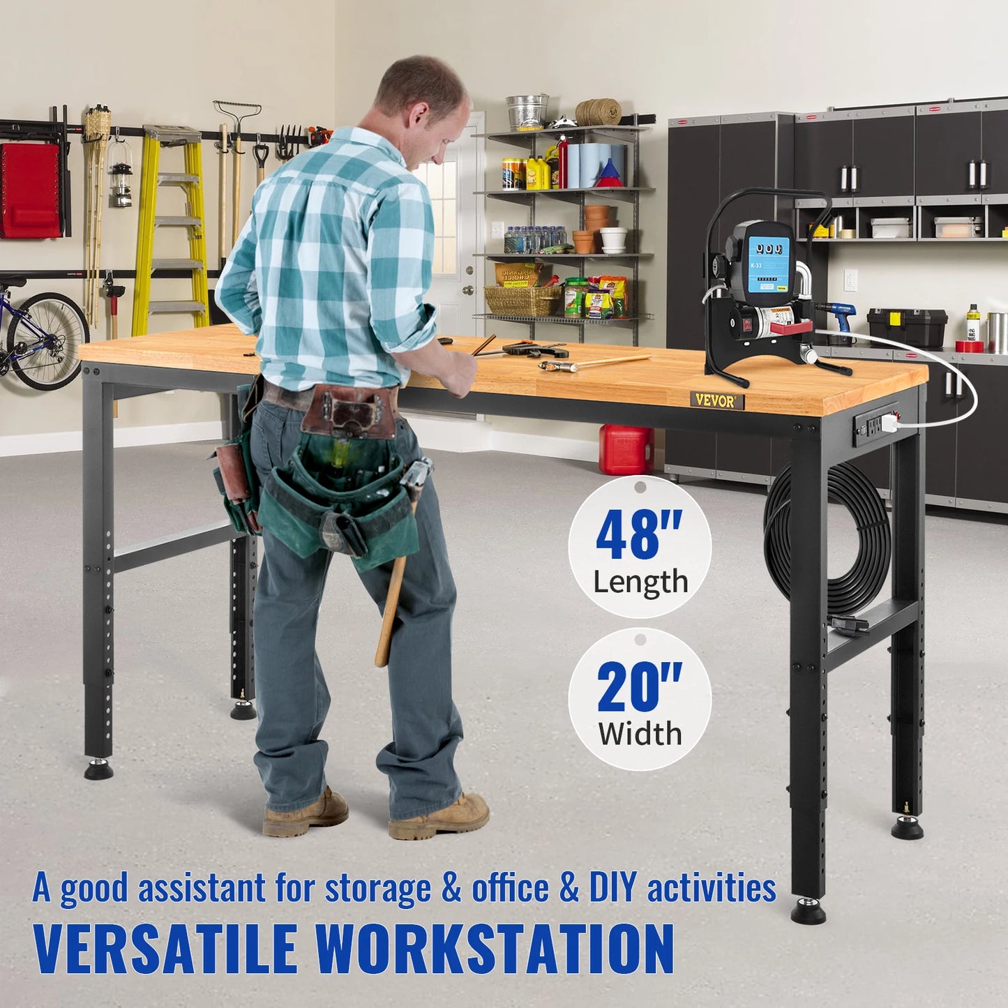 Woodworking Workbench with Adjustable Height Oak Top and Frame