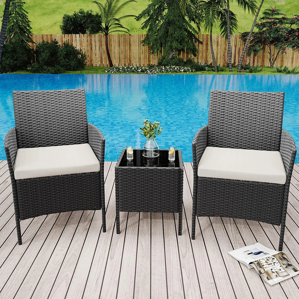 3-Piece Wicker Patio Sofa Set, All-Weather Rattan Conversation Set With Cushions & Glass Coffee Table For Garden, Porch, Lawn