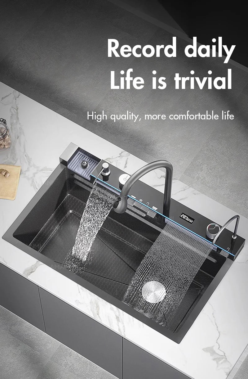MYQualife 304 Stainless Steel Waterfall Kitchen Sink Digital Display Faucet