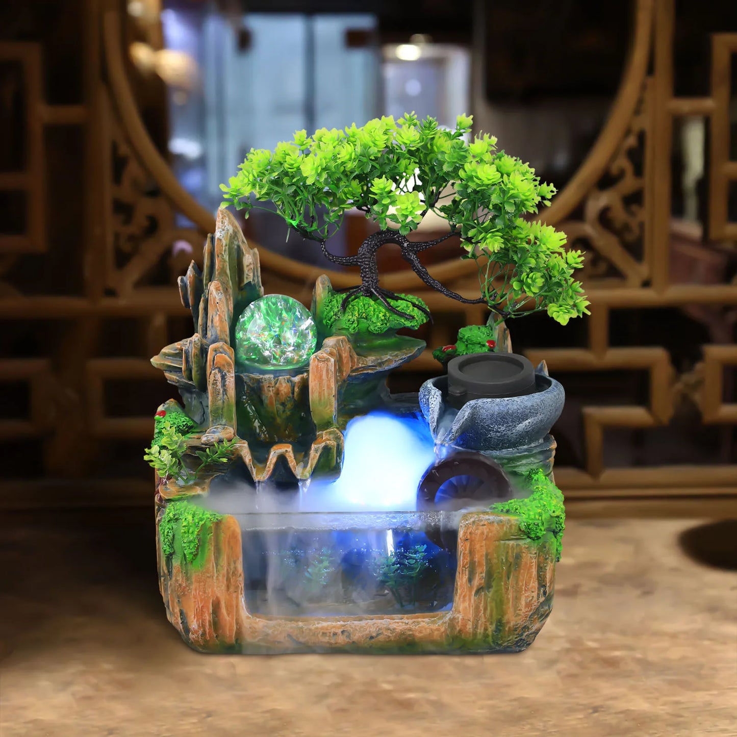 Hign-concerned Rockery Water Fountain With LED Light And Mist Tabletop Decor