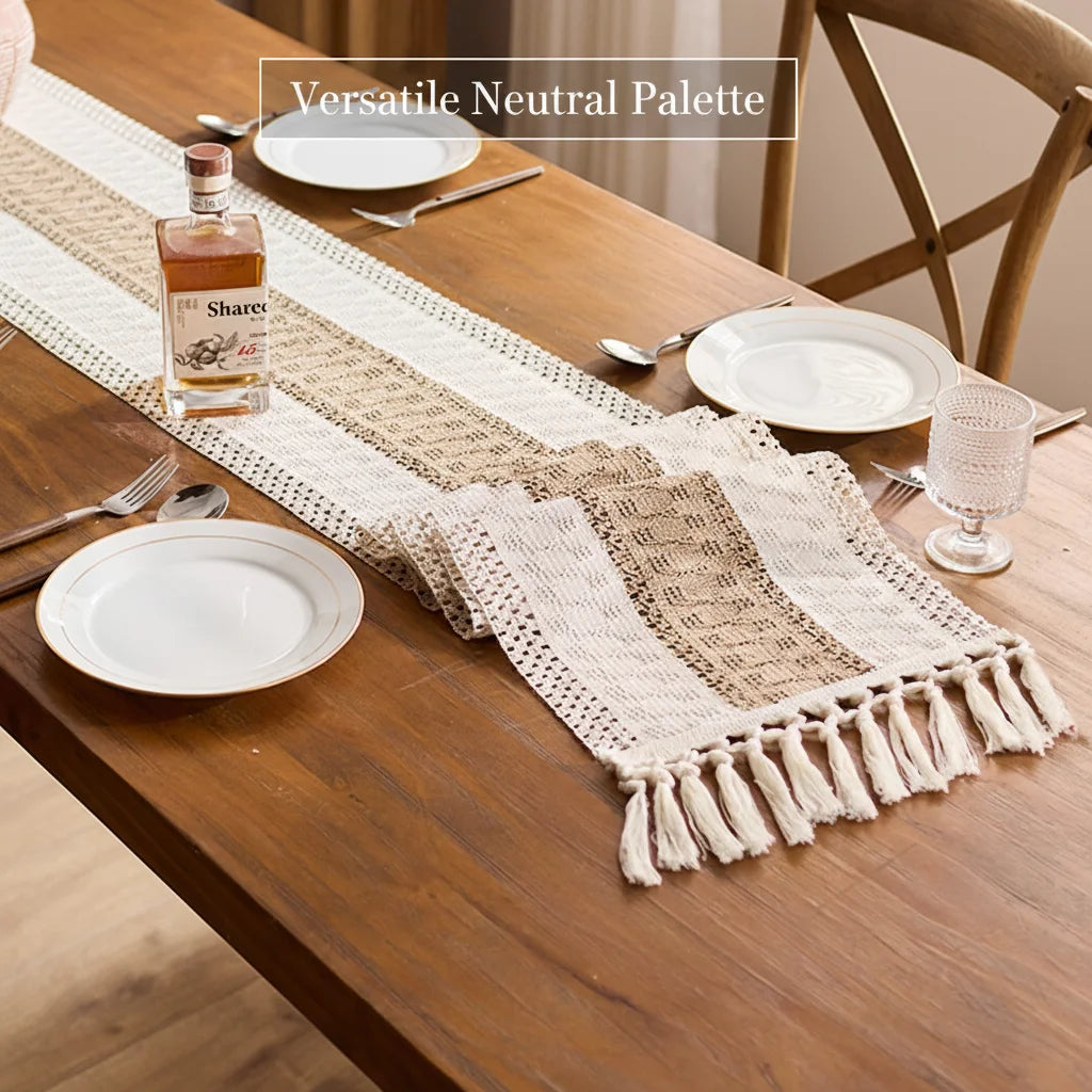 NONECN Fringed Table Runner Cotton Linen Dining Decor