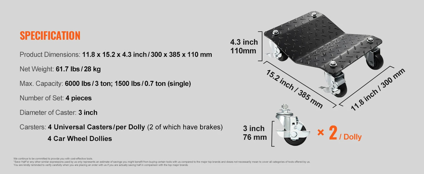 SucceBuy Car Tire Wheel Trolley Dollies 2/4PCS 1500lb Weight Capacity Vehicle Skate Moving Tire with 4 Casters Auto Repair Mover