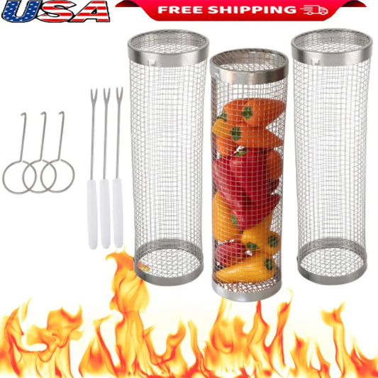 Feature Stainless Steel Rolling Grill Baskets With Hooks And Forks