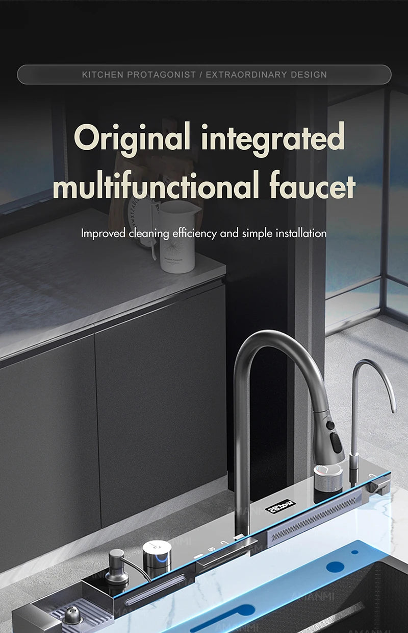 MYQualife 304 Stainless Steel Waterfall Kitchen Sink Digital Display Faucet