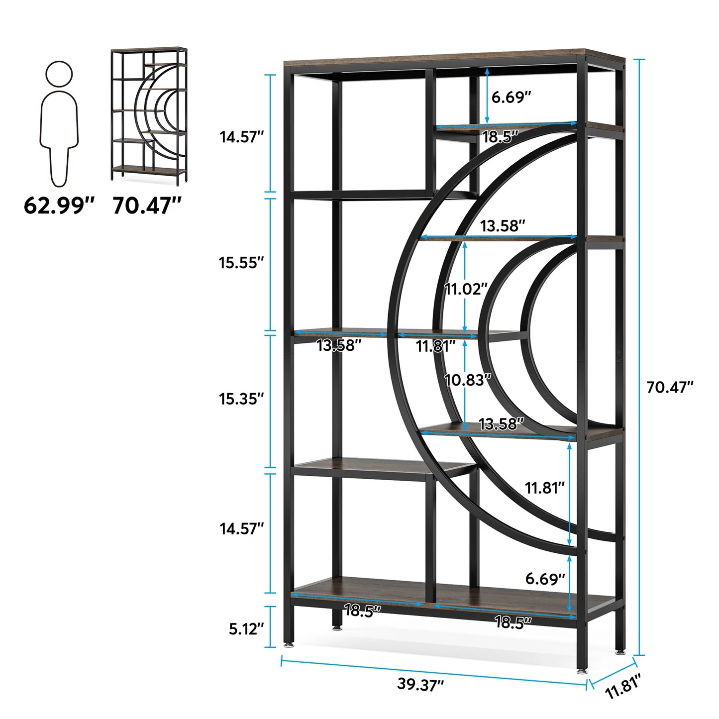 Tribesigns 5 Tier Industrial Bookshelf Etagere Freestanding Bookcase