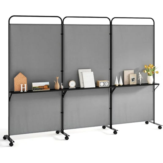 HUANZHUANG 3-Panel Room Divider With Wheels And Shelves Privacy Screen
