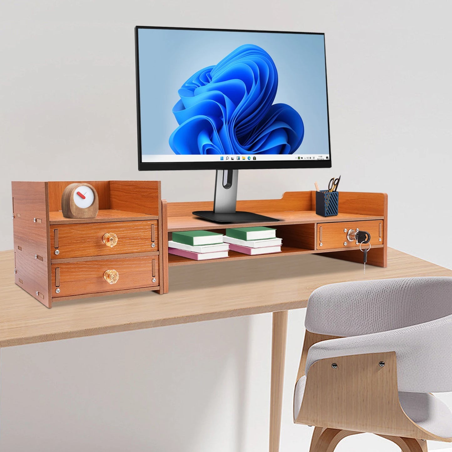 Wood Monitor Stand Riser 2-Tier Drawer for PC Desk Ergonomic