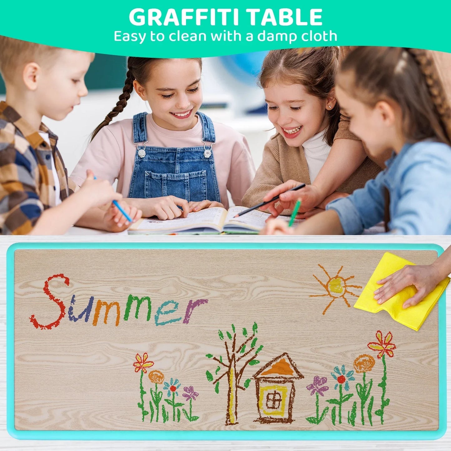 AuAg Kids Table 6 Chairs Set Height Adjustable Arts Desk