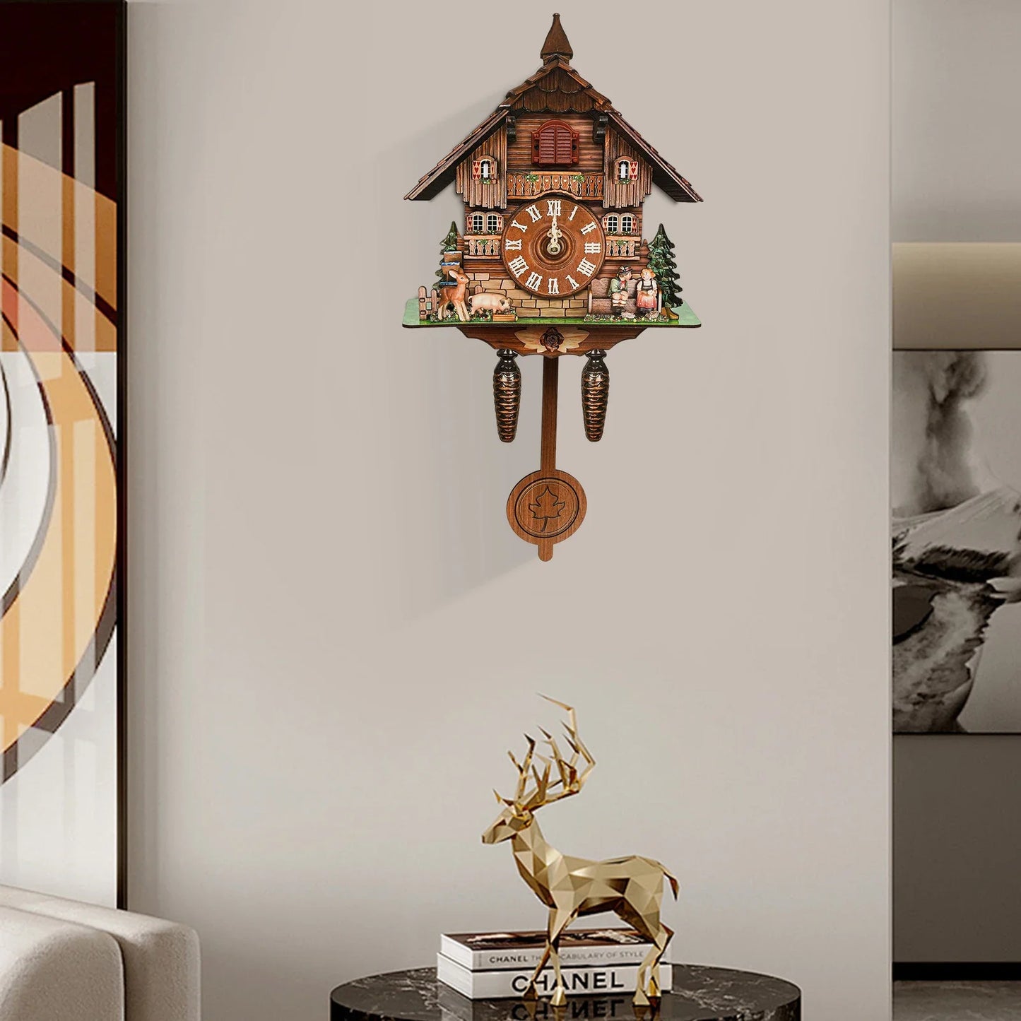 Chime Wooden Cuckoo Clock House Shape Wall Clock Living Room