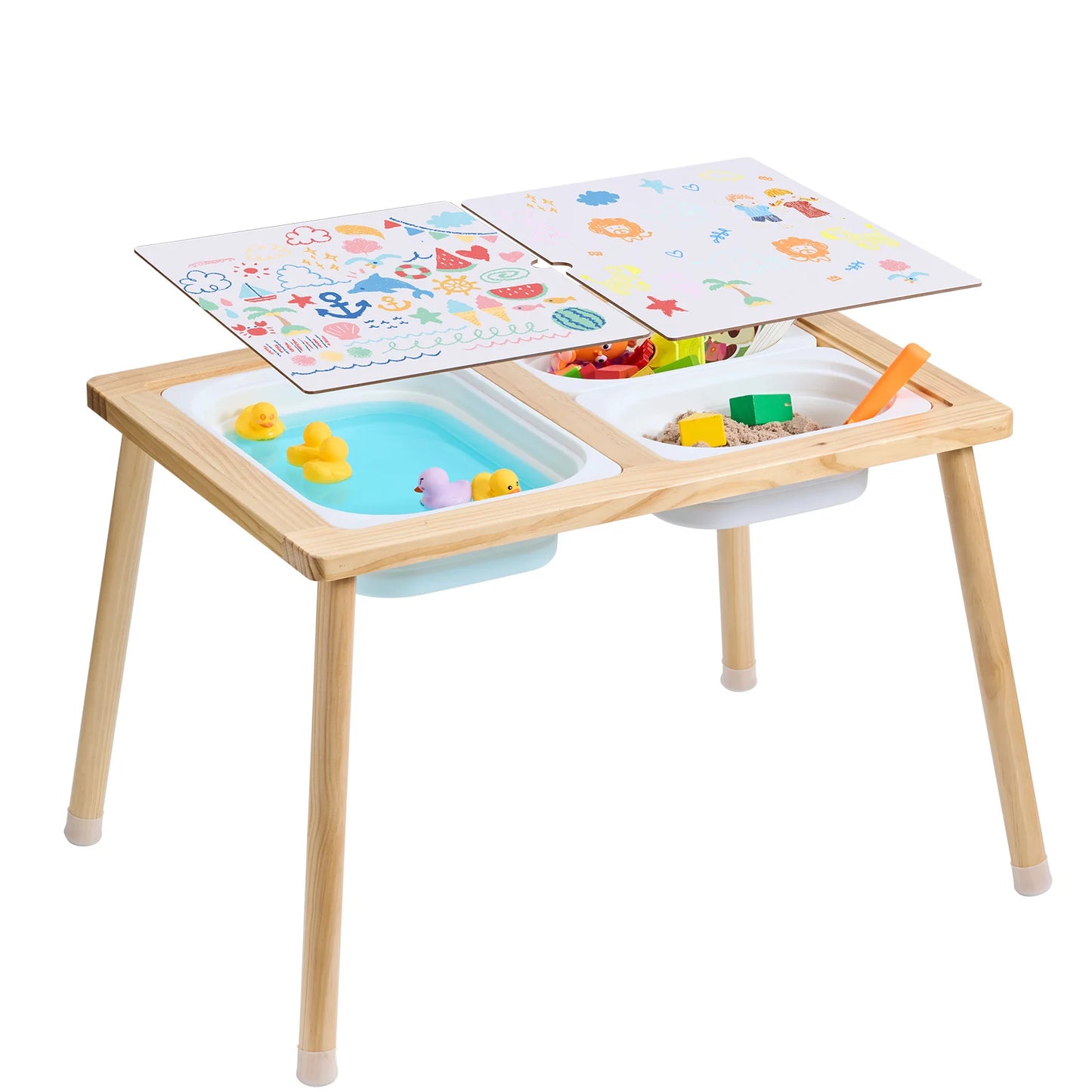 Wooden Sensory Table For Kids With Foldable Storage Bins