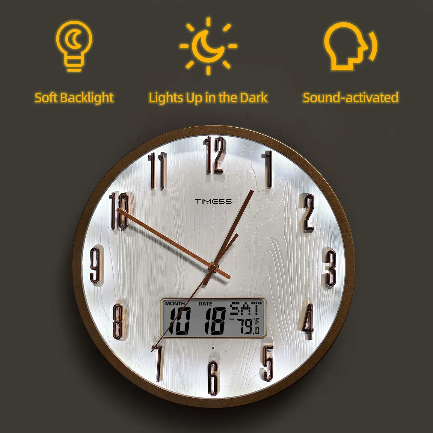 TIMESS Luminous Voice Activated Wall Clock With Night Light