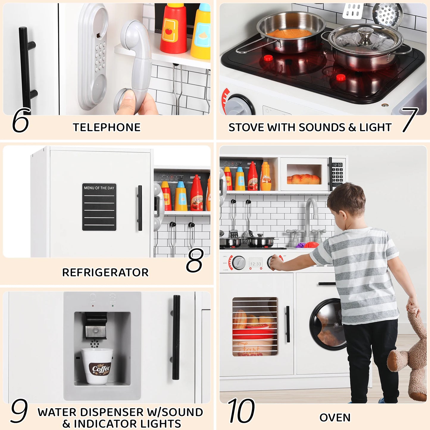 Wooden Kitchen Pretend Playset For Kids With Cookware