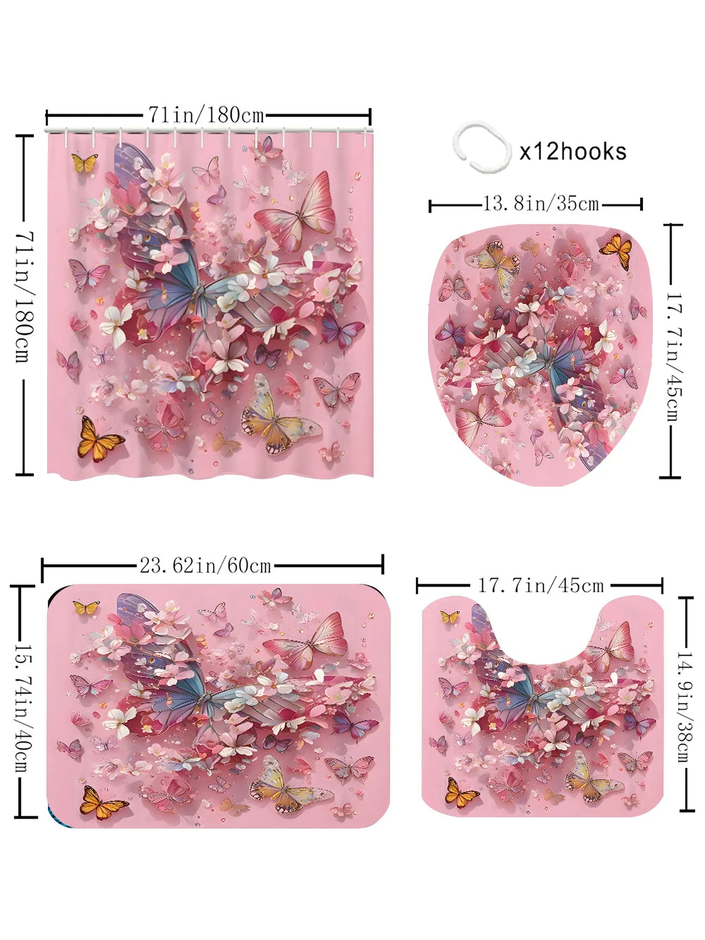 Butterfly Themed Four Piece Waterproof Bathroom Set Shower Curtain