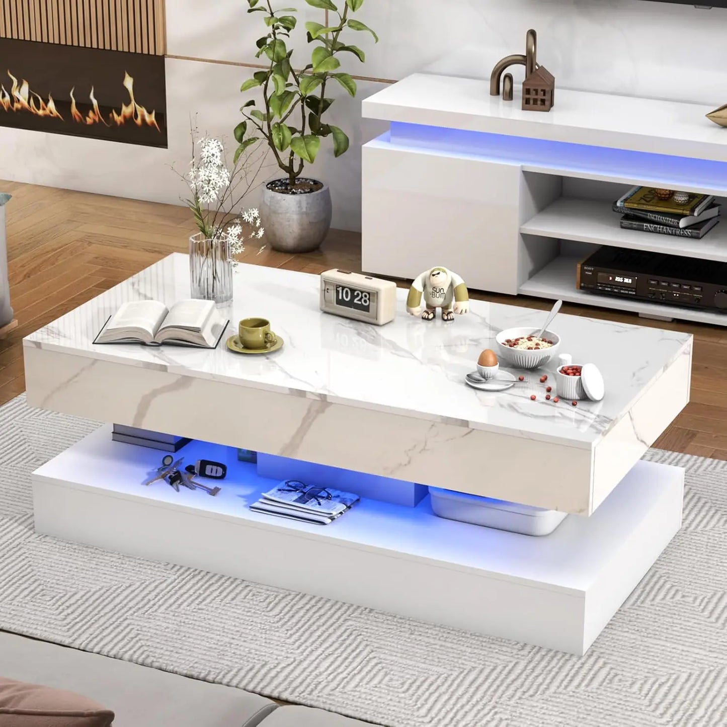 QiaoShiRen Modern LED Coffee Table With Double Drawers