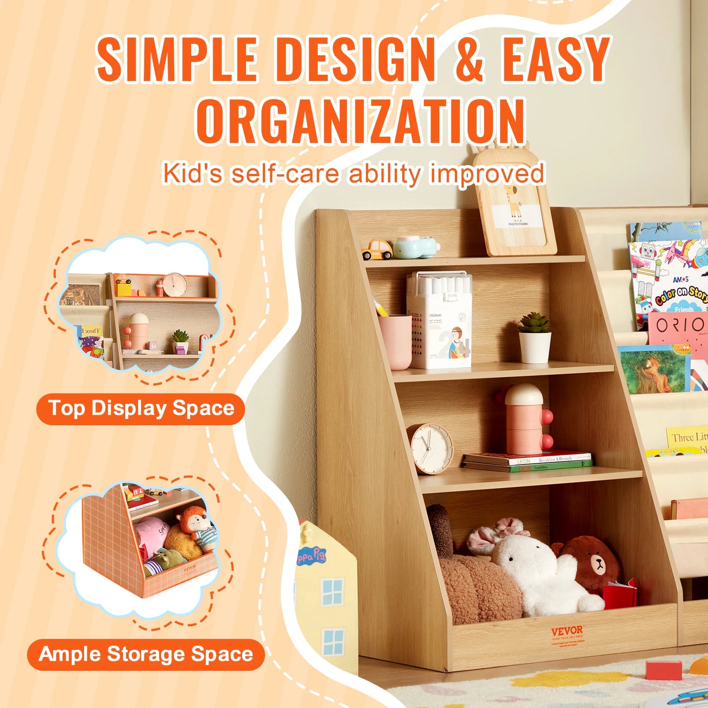SucceBuy 4-Tier Kids Wooden Bookshelf Storage Book Rack