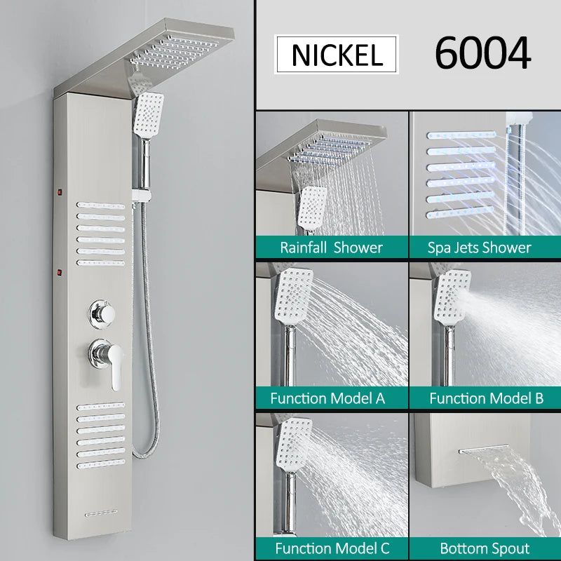 Black LED Shower Panel Tower System Rain Waterfall Shower Column Hydroelectricity Massage Body Spa Bath Shower Faucet Mixer