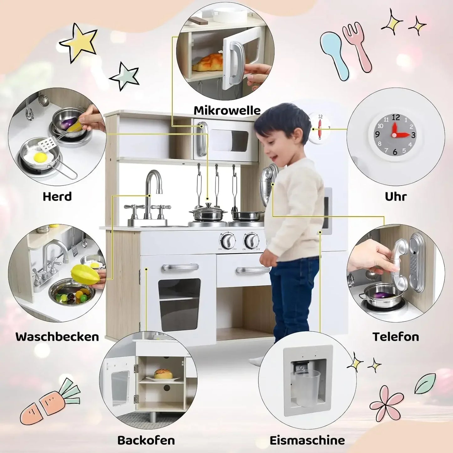AuAg Wooden Play Kitchen Set With Lights And Sounds