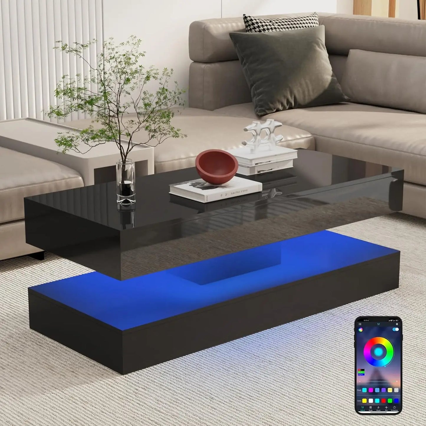 QiaoShiRen Modern LED Coffee Table With Double Drawers