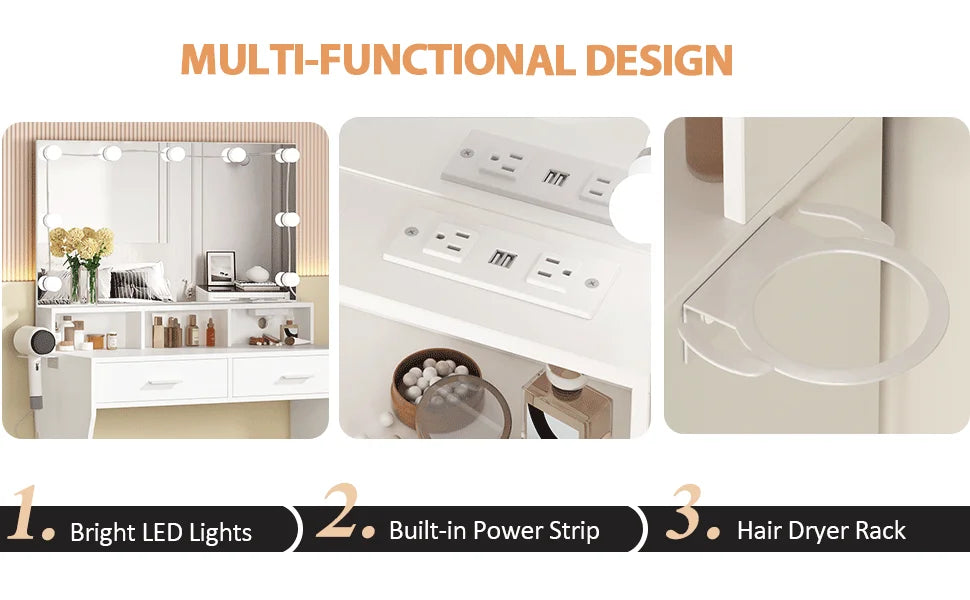 Vabches Vanity Desk With Lights Mirror And Power Outlet 2Drawer