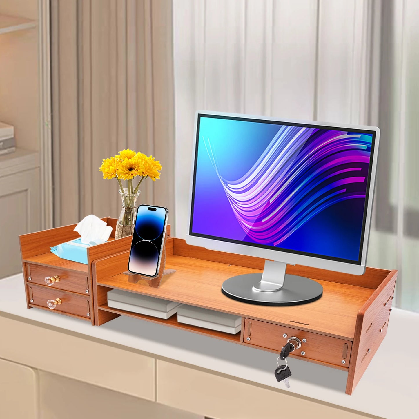 Wood Monitor Stand Riser 2-Tier Drawer for PC Desk Ergonomic