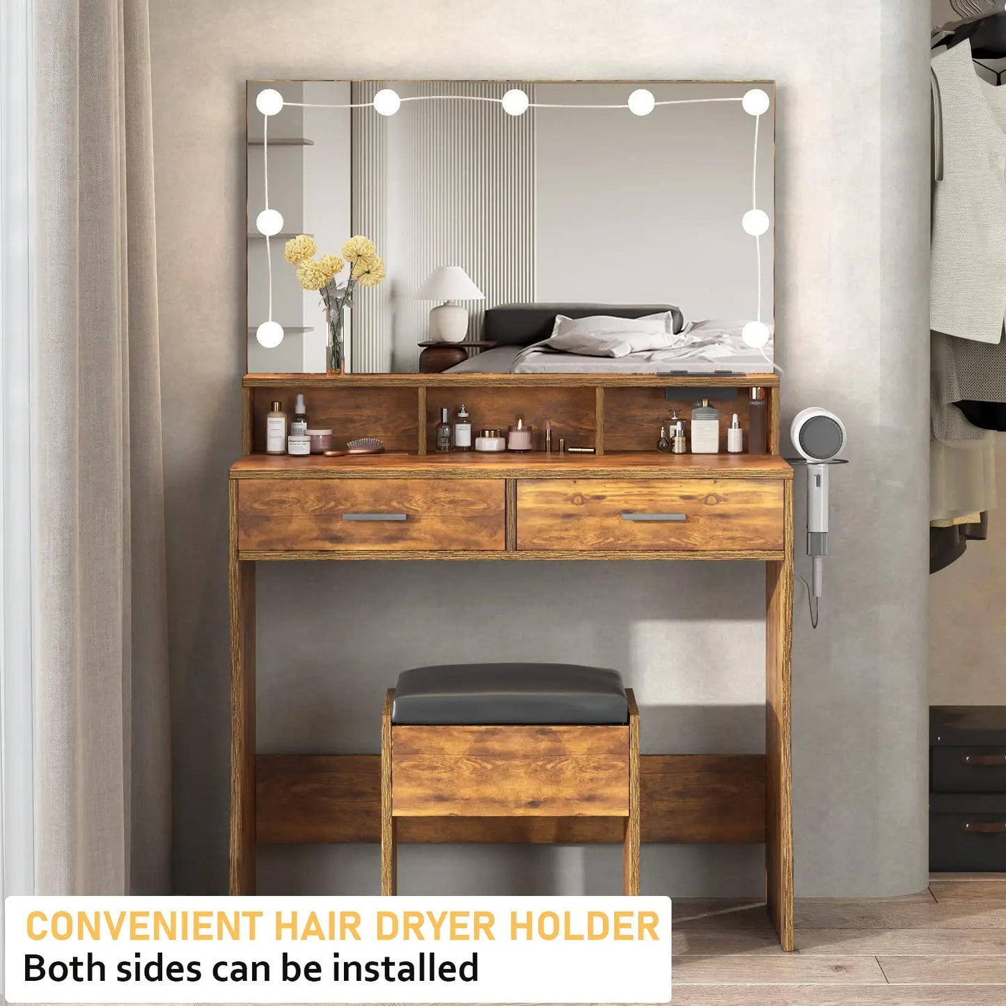 Vabches Vanity Desk With Lights Mirror And Power Outlet 2Drawer